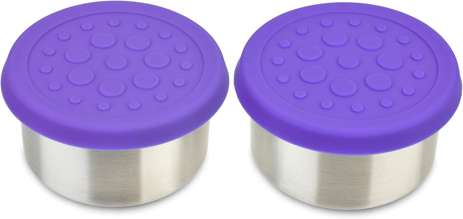 imageLunchBots 25 oz Stainless Steel Dressing Container for Condiments Dips Snacks Dipping Sauce Cups with Silicone Lid Fits in Lunch Bags and Bento Boxes Set of 2 GreenPurple