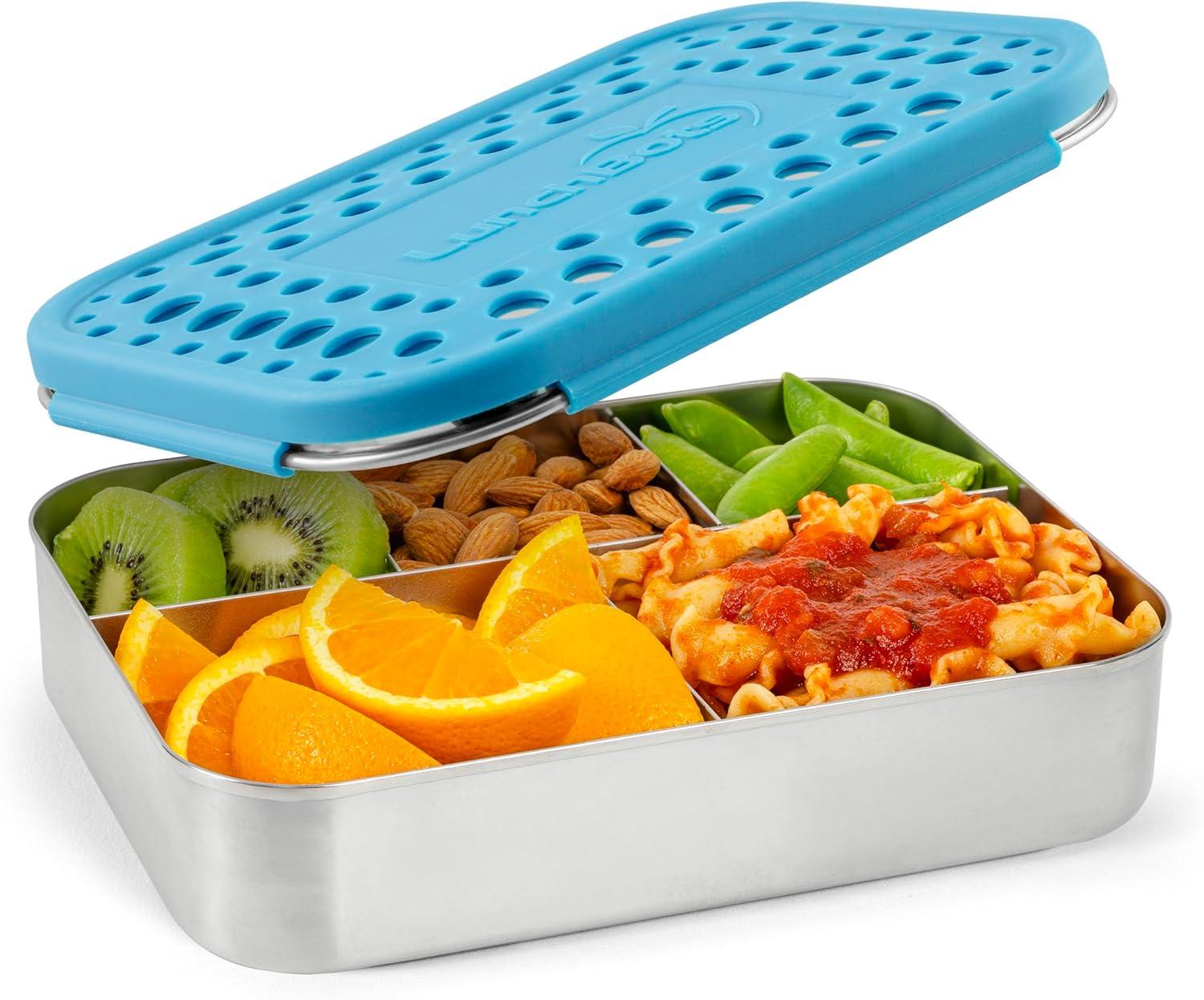 imageLunchBots Large Cinco Stainless Steel Lunch Container Five Section Design Holds a Variety of Foods Metal Bento Box Dishwasher Safe Stainless LidAqua Dots