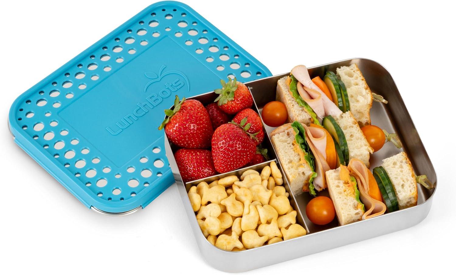 imageLunchBots Large Cinco Stainless Steel Lunch Container Five Section Design Holds a Variety of Foods Metal Bento Box Dishwasher Safe Stainless LidAqua Dots