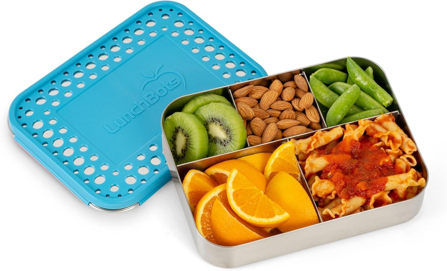 imageLunchBots Large Cinco Stainless Steel Lunch Container Five Section Design Holds a Variety of Foods Metal Bento Box Dishwasher Safe Stainless LidAqua Dots