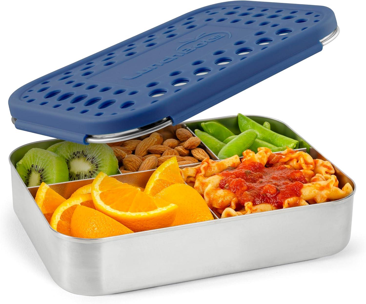 imageLunchBots Large Cinco Stainless Steel Lunch Container Five Section Design Holds a Variety of Foods Metal Bento Box Dishwasher Safe Stainless LidBlue Dots