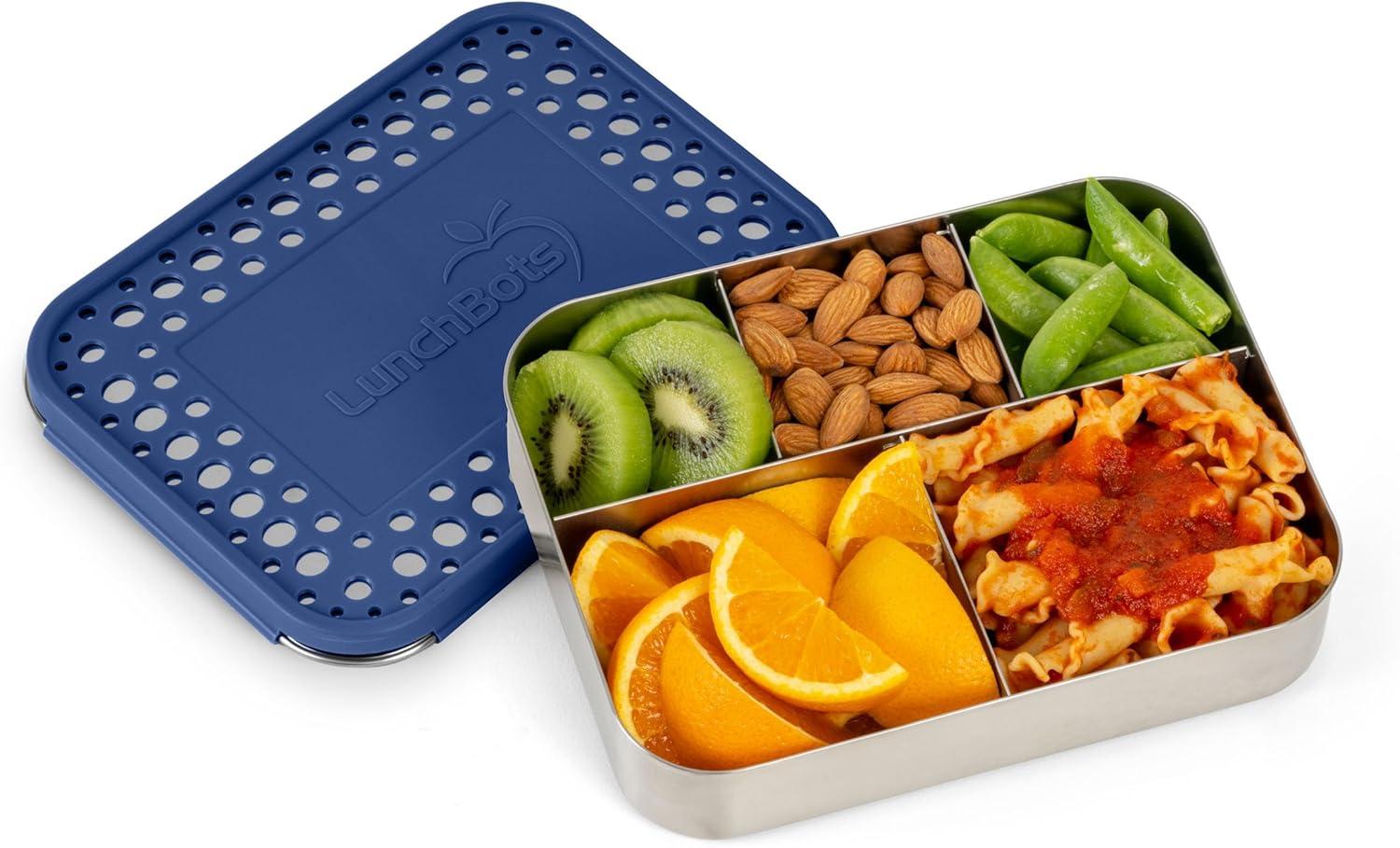 imageLunchBots Large Cinco Stainless Steel Lunch Container Five Section Design Holds a Variety of Foods Metal Bento Box Dishwasher Safe Stainless LidBlue Dots