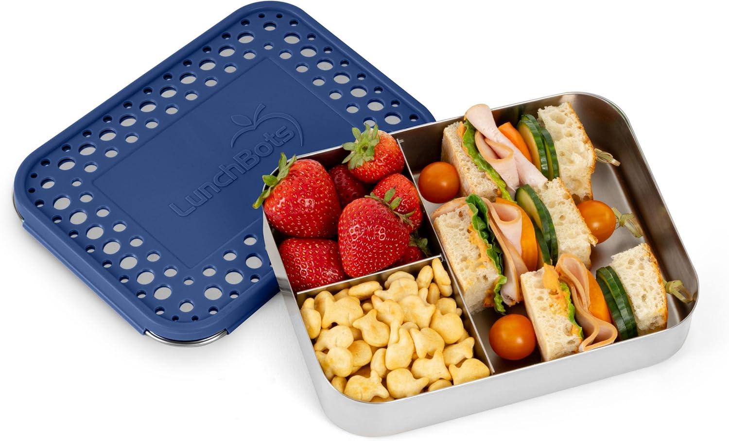 imageLunchBots Large Cinco Stainless Steel Lunch Container Five Section Design Holds a Variety of Foods Metal Bento Box Dishwasher Safe Stainless LidBlue Dots
