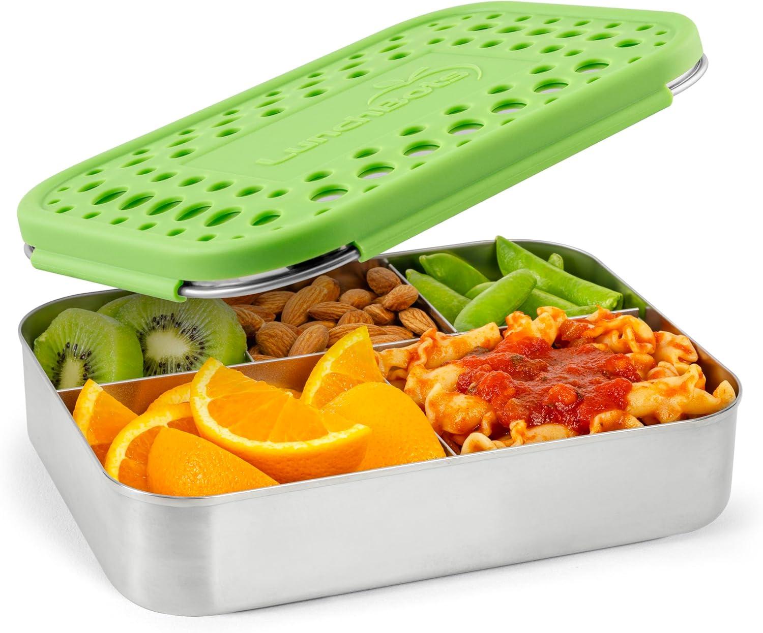 imageLunchBots Large Cinco Stainless Steel Lunch Container Five Section Design Holds a Variety of Foods Metal Bento Box Dishwasher Safe Stainless LidGreen