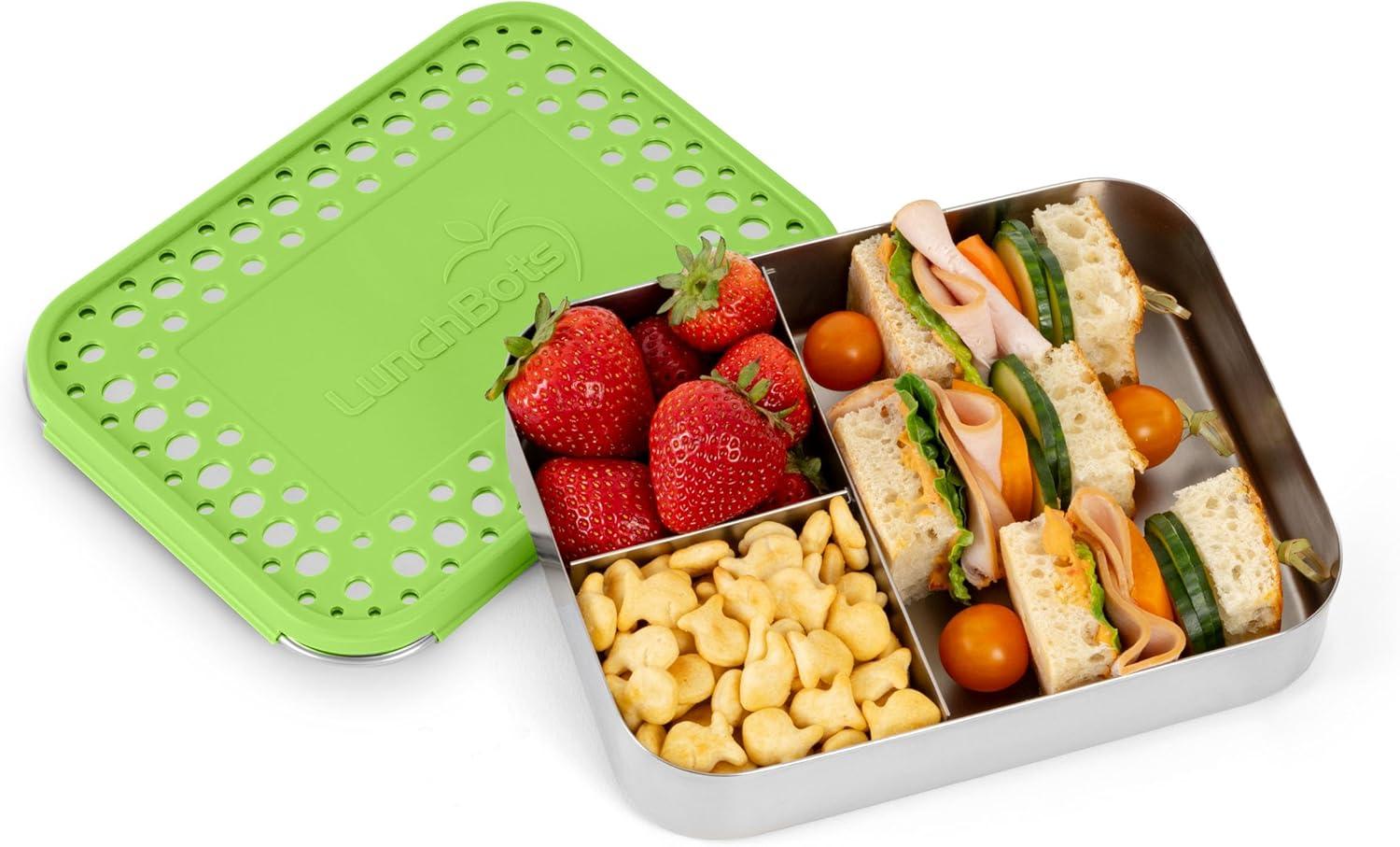 imageLunchBots Large Cinco Stainless Steel Lunch Container Five Section Design Holds a Variety of Foods Metal Bento Box Dishwasher Safe Stainless LidGreen