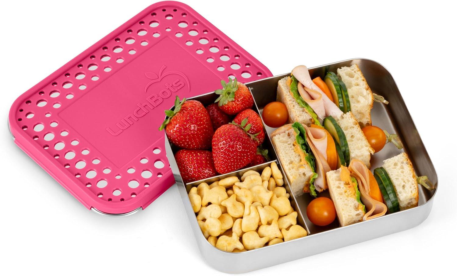 imageLunchBots Large Cinco Stainless Steel Lunch Container Five Section Design Holds a Variety of Foods Metal Bento Box Dishwasher Safe Stainless LidPink Dots