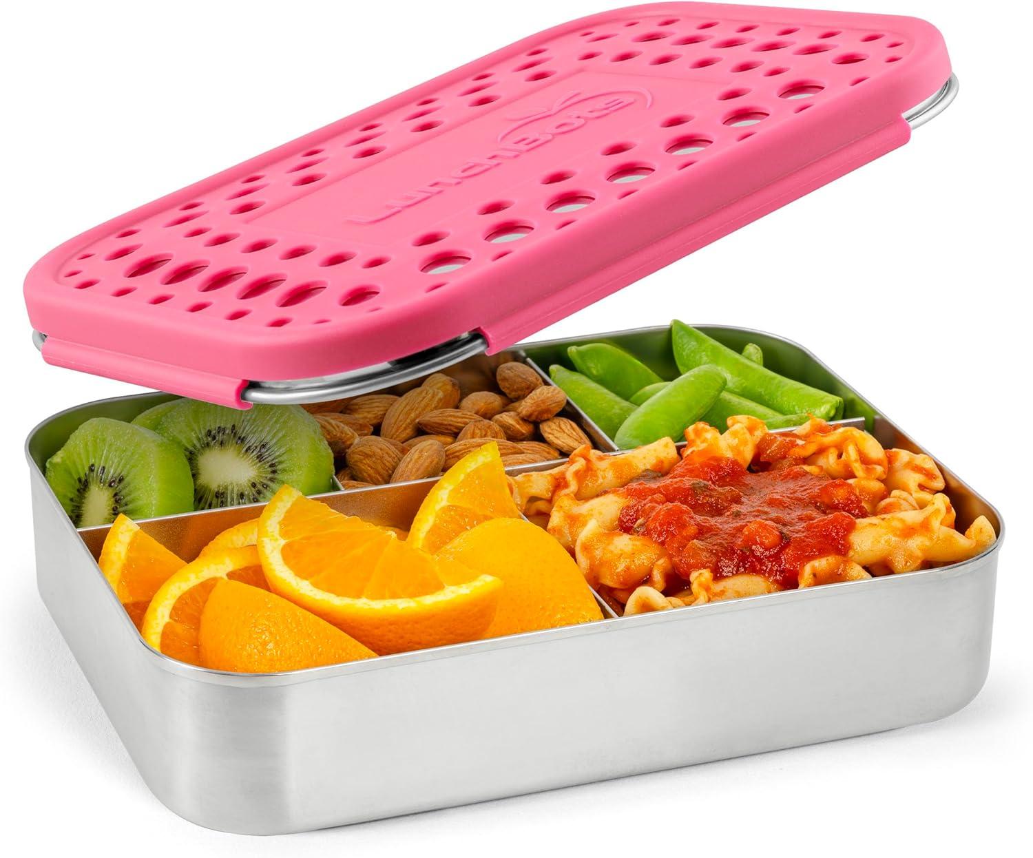 imageLunchBots Large Cinco Stainless Steel Lunch Container Five Section Design Holds a Variety of Foods Metal Bento Box Dishwasher Safe Stainless LidPink Dots