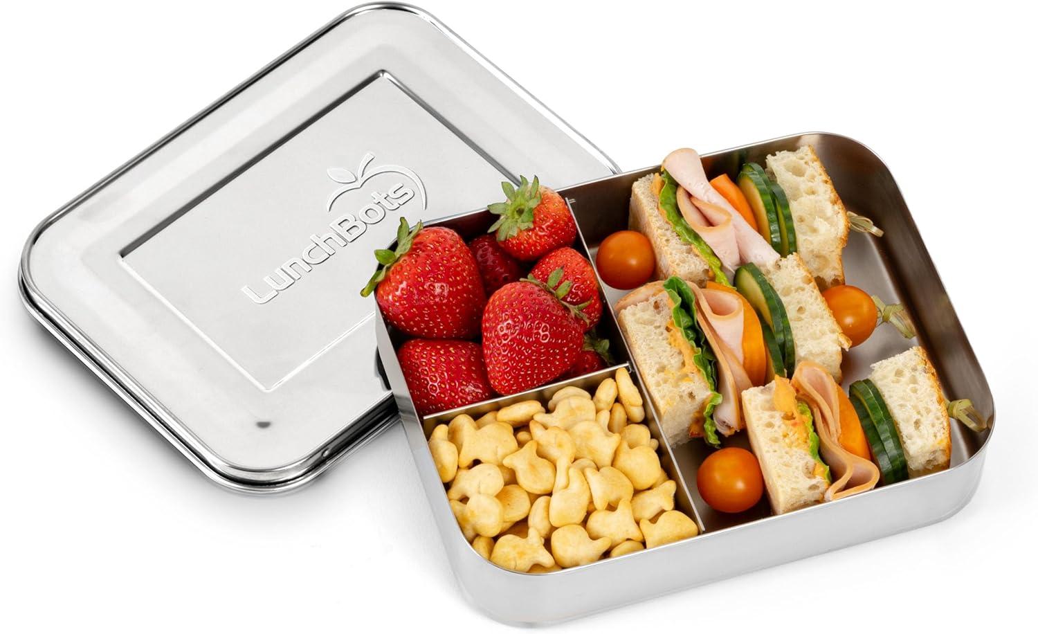 imageLunchBots Large Cinco Stainless Steel Lunch Container Five Section Design Holds a Variety of Foods Metal Bento Box Dishwasher Safe Stainless LidStainless Steel