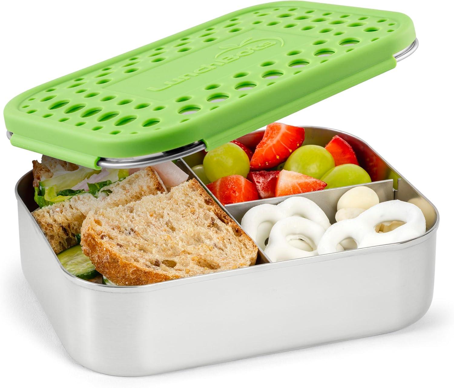 imageLunchBots Medium Uno Stainless Steel Sandwich Container Open Design for Wraps Salads or a Small Meal EcoFriendly Dishwasher Safe and BPAFree Stainless SteelGreen Dots