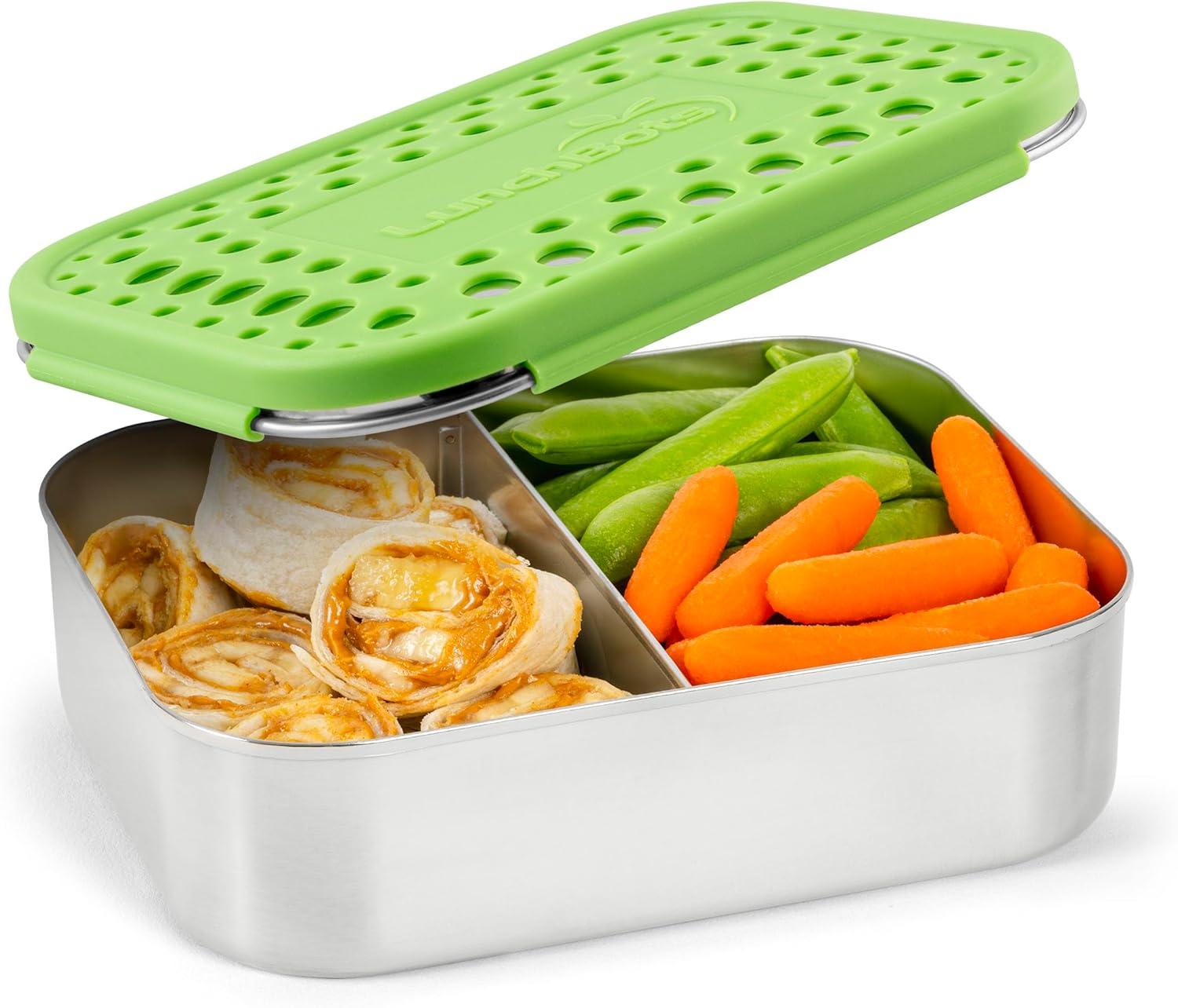 imageLunchBots Medium Uno Stainless Steel Sandwich Container Open Design for Wraps Salads or a Small Meal EcoFriendly Dishwasher Safe and BPAFree Stainless SteelGreen Dots