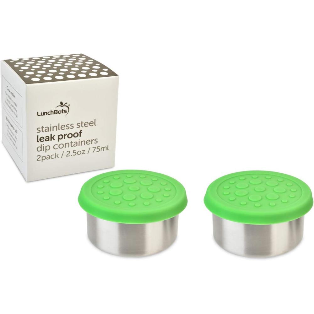 imageLunchBots 25 oz Stainless Steel Dressing Container for Condiments Dips Snacks Dipping Sauce Cups with Silicone Lid Fits in Lunch Bags and Bento Boxes Set of 2 GreenGreen