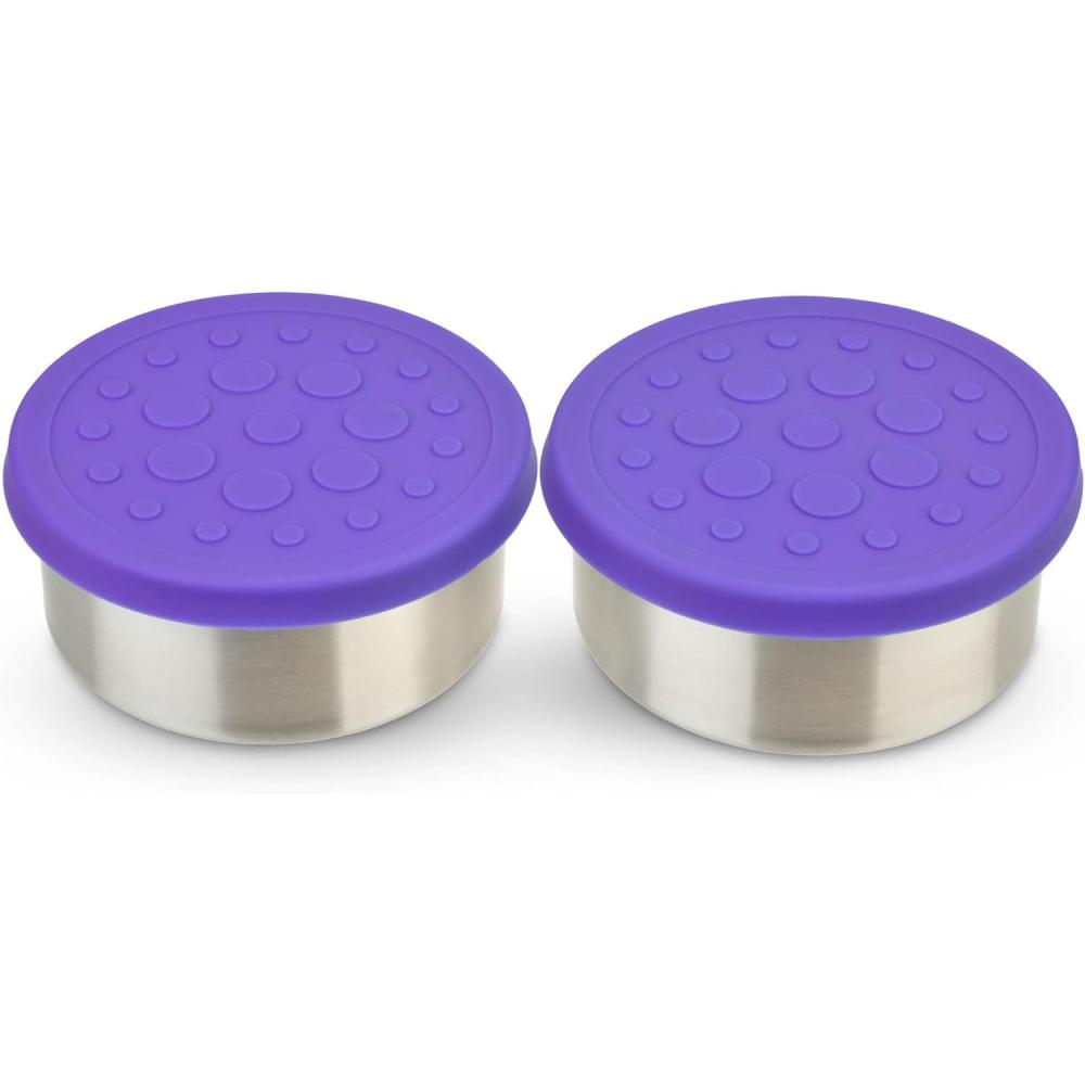 imageLunchBots 25 oz Stainless Steel Dressing Container for Condiments Dips Snacks Dipping Sauce Cups with Silicone Lid Fits in Lunch Bags and Bento Boxes  Set of 2 GreenPurple