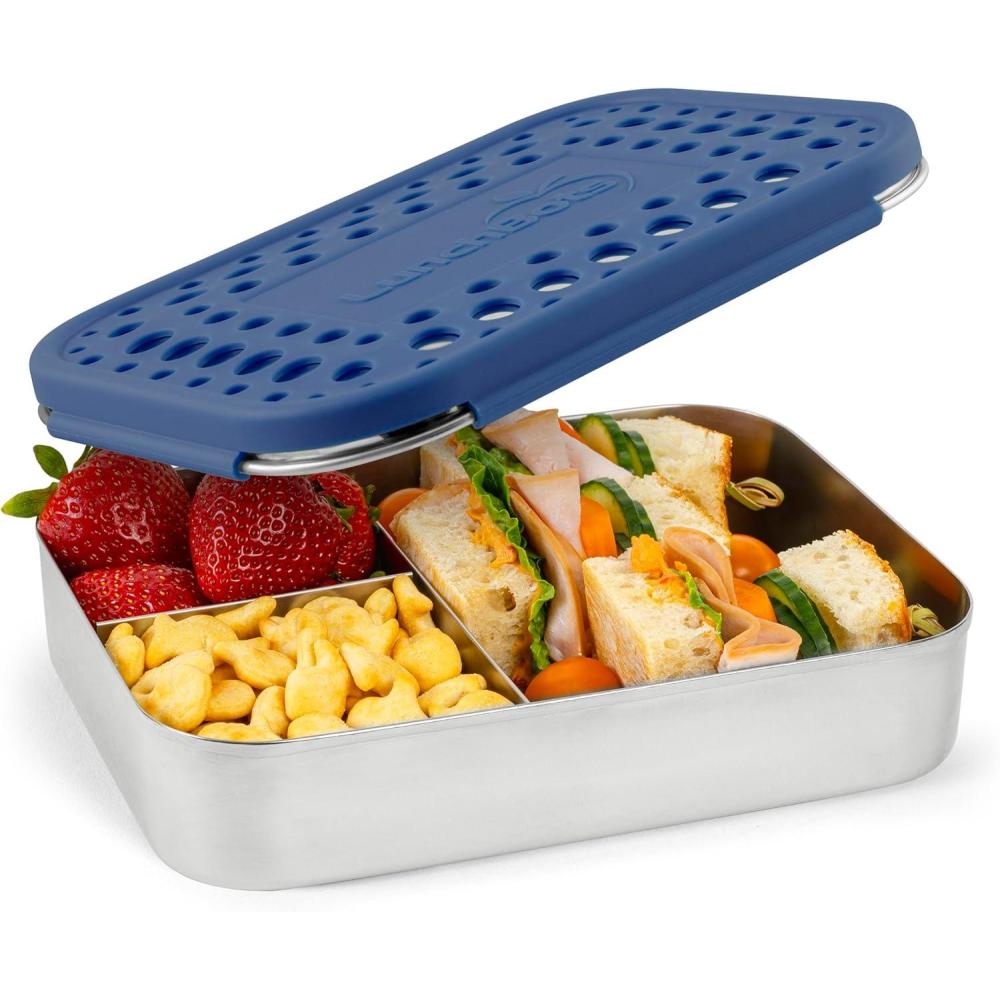 imageLunchBots Large Cinco Stainless Steel Lunch Container Five Section Design Holds a Variety of Foods Metal Bento Box Dishwasher Safe Stainless LidBlue Dots
