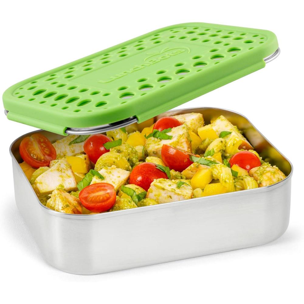 imageLunchBots Medium Uno Stainless Steel Sandwich Container Open Design for Wraps Salads or a Small Meal EcoFriendly Dishwasher Safe and BPAFree Stainless SteelGreen Dots