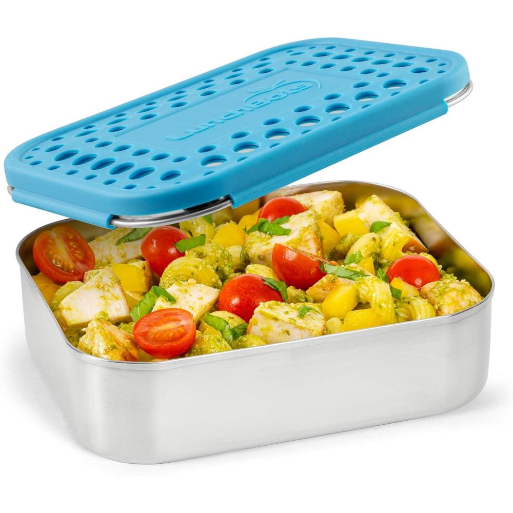 imageLunchBots Medium Uno Stainless Steel Sandwich Container Open Design for Wraps Salads or a Small Meal EcoFriendly Dishwasher Safe and BPAFree Stainless SteelAqua Dots