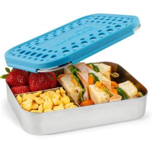 LunchBots Large Cinco Stainless Steel Lunch Container – Five Section Design Holds a Variety of Foods – Metal Bento Box – Dishwasher Safe – Stainless Lid(Aqua Dots)