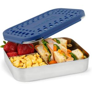 LunchBots Large Cinco Stainless Steel Lunch Container – Five Section Design Holds a Variety of Foods – Metal Bento Box – Dishwasher Safe – Stainless Lid(Blue Dots)