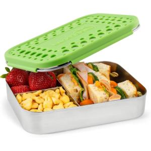 LunchBots Large Cinco Stainless Steel Lunch Container – Five Section Design Holds a Variety of Foods – Metal Bento Box – Dishwasher Safe – Stainless Lid(Green)