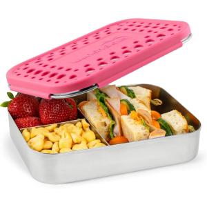 LunchBots Large Cinco Stainless Steel Lunch Container – Five Section Design Holds a Variety of Foods – Metal Bento Box – Dishwasher Safe – Stainless Lid(Pink Dots)