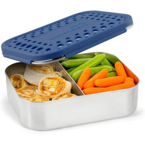 LunchBots Medium Duo Snack Container – Divided Stainless Steel Food Container – Two Sections for Half Sandwich and a Side – Eco-Friendly – Dishwasher Safe – Stainless Lid – Blue Dots