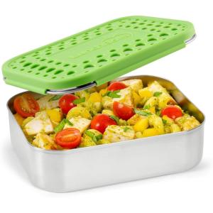 LunchBots Medium Uno Stainless Steel Sandwich Container – Open Design for Wraps – Salads or a Small Meal – Eco-Friendly – Dishwasher Safe and BPA-Free – Stainless Steel(Green Dots)