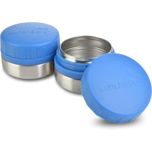 LunchBots Rounds Leak Proof 4 oz. Stainless Snack Container Jar, Set of 2, Green Lids(Blue)