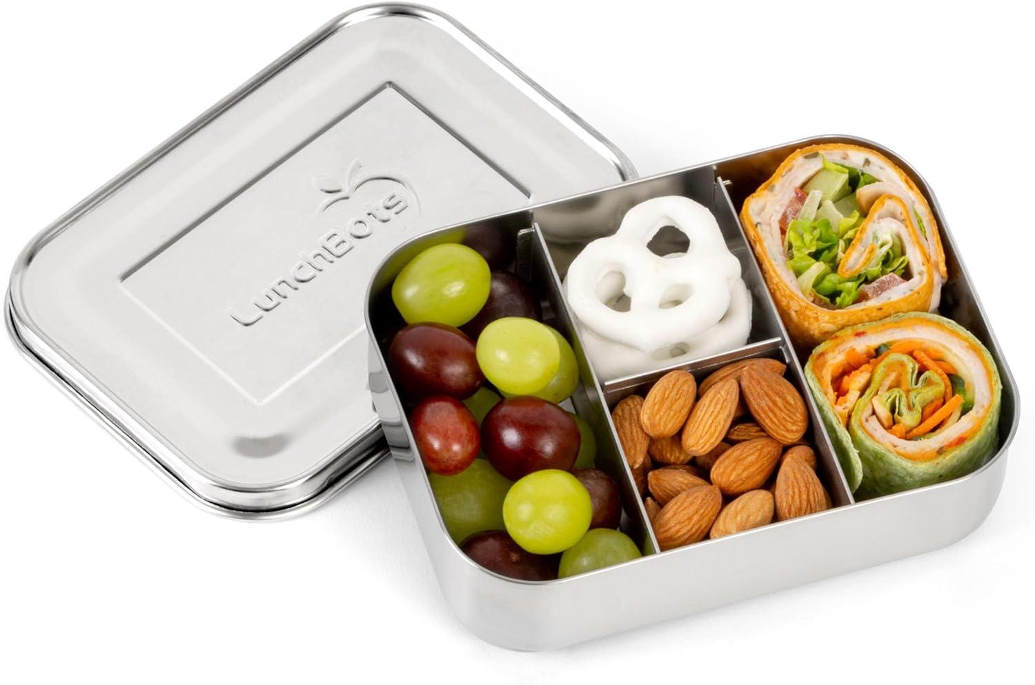 imageLunchBots Small Protein Packer Bento Box Extra Small Divided Stainless Steel Snack Container 4 Sections for 12oz of Nuts Meat Cheese Finger Foods Dishwasher Safe Stainless Lid4 Section