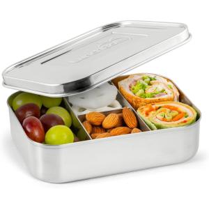 LunchBots Small Protein Packer Bento Box – Extra Small Divided Stainless Steel Snack Container – 4 Sections for 1-2oz of Nuts, Meat, Cheese, Finger Foods – Dishwasher Safe – Stainless Lid(4 Section)