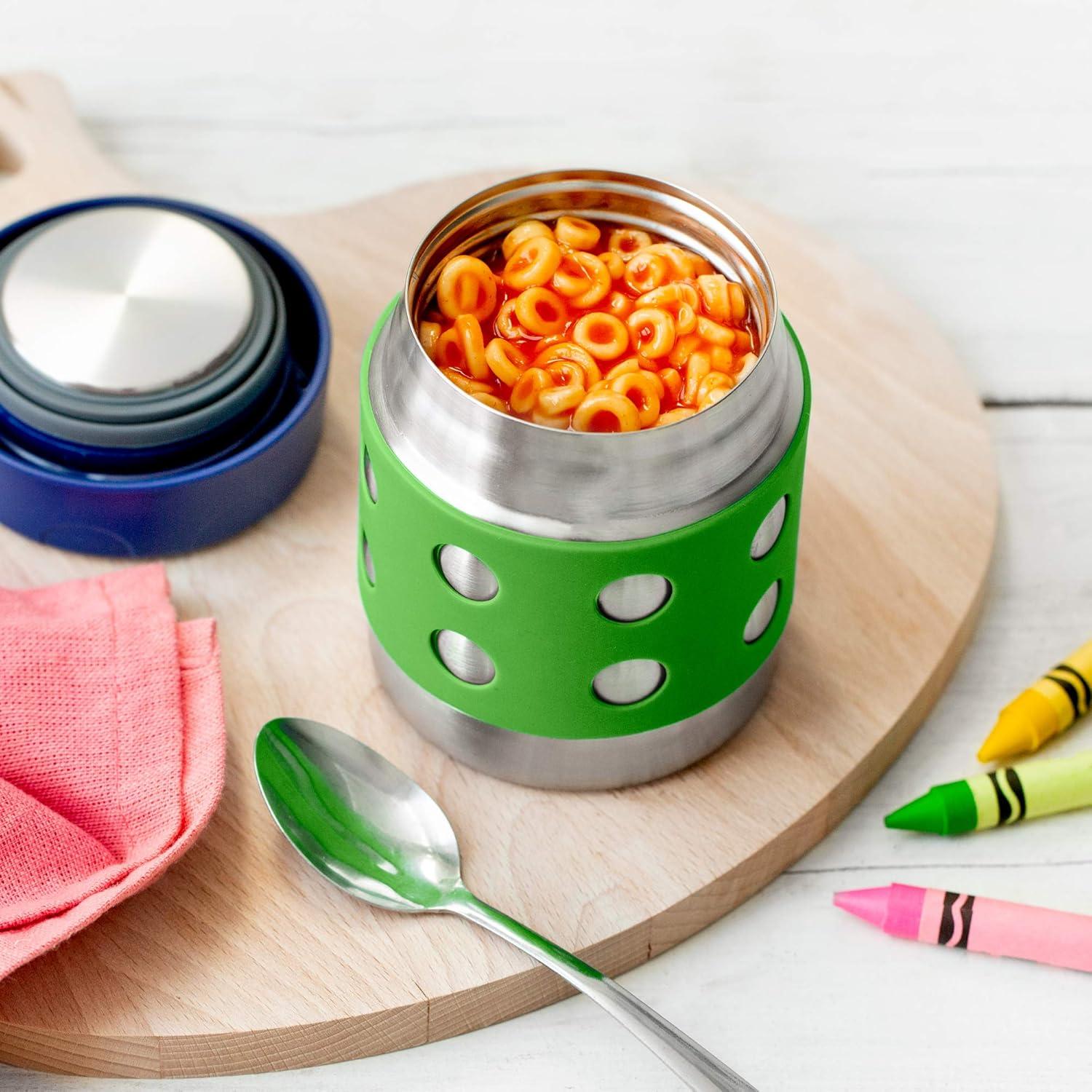 imageLunchBots Thermal 8 oz Triple Insulated Thermo Hot 6 Hours or Cold 12 Hours Leak Proof Thermo Soup Jar All Stainless Interior Navy Lid Green Dots