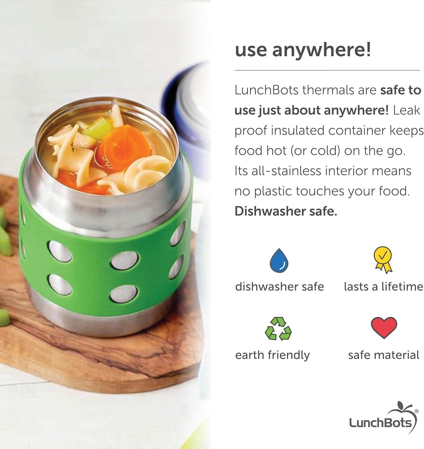 imageLunchBots Thermal 8 oz Triple Insulated Thermo Hot 6 Hours or Cold 12 Hours Leak Proof Thermo Soup Jar All Stainless Interior Navy Lid Green Dots