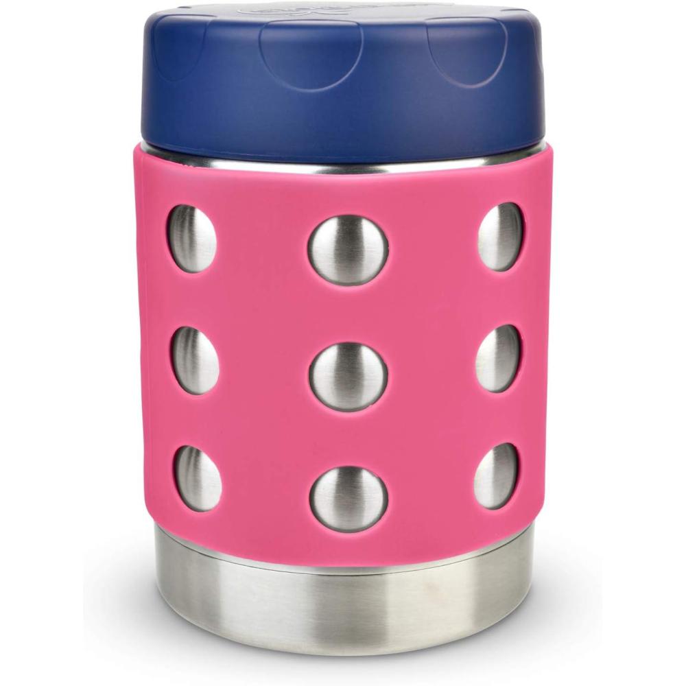imageLunchBots Thermal 12 oz Triple Insulated Thermo Hot 6 Hours or Cold 12 Hours Leak Proof Thermo Soup Jar All Stainless Interior Navy Lid Pink DotsPinkNavy