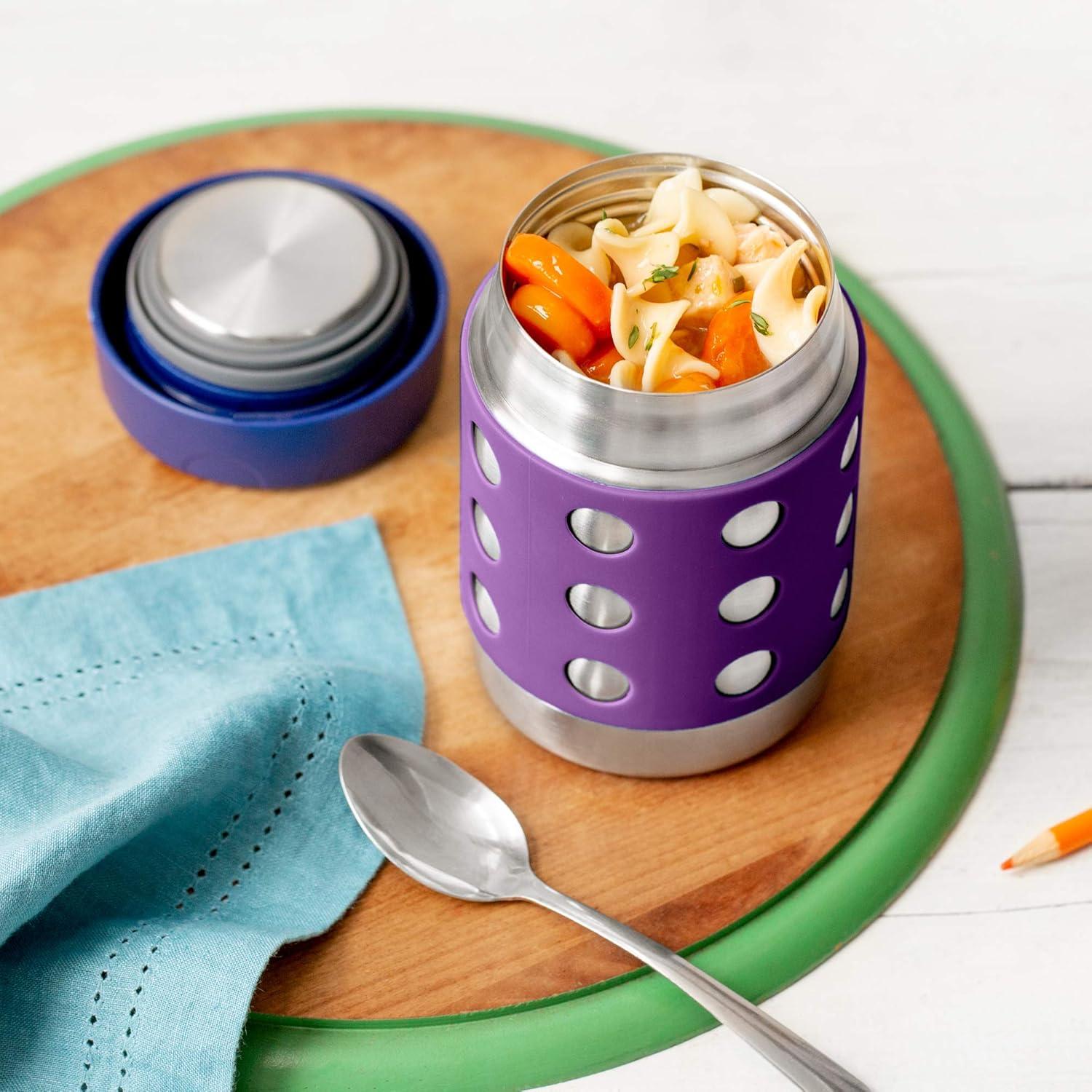 imageLunchBots Thermal 12 oz Triple Insulated Thermo Hot 6 Hours or Cold 12 Hours Leak Proof Thermo Soup Jar All Stainless Interior Navy Lid Purple DotsPurpleNavy